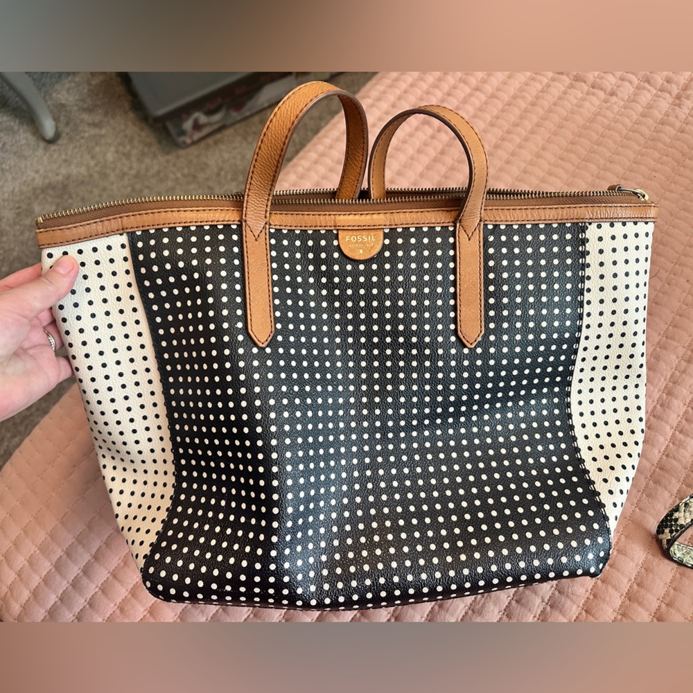 Fossil Black and White Polka Dot Shoulder Bag with Tan Handles